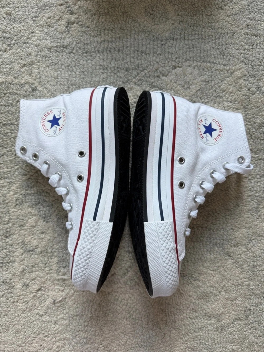 Converse White High Top Sneakers with Red & Navy Trim Kids Size 2 - Picture 2 of 6